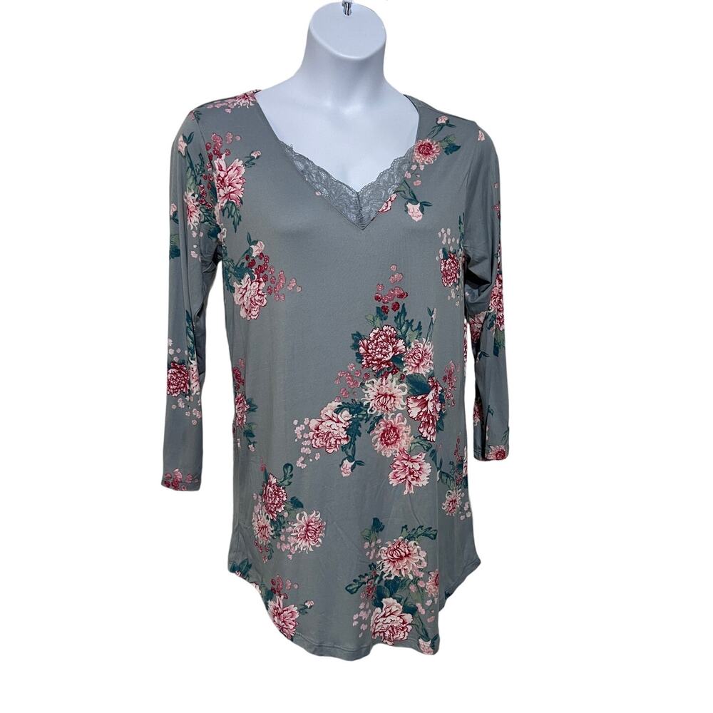 FLORA NIKROOZ WOMENS SIZE MEDIUM JADE SLEEP SHIRT NIGHTGOWN FLORAL PRINT GRAY